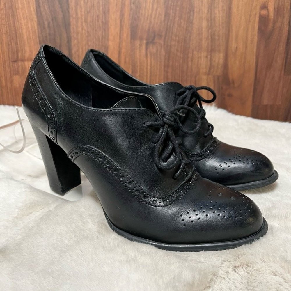 Franco Sarto Womens Bridget Oxford Pumps Black Leather Brogue High Heel 7.5 M